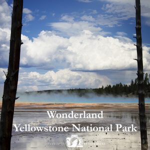 Image of the Grand Prismatic with the text "Wonderland: Yellowstone National Park"